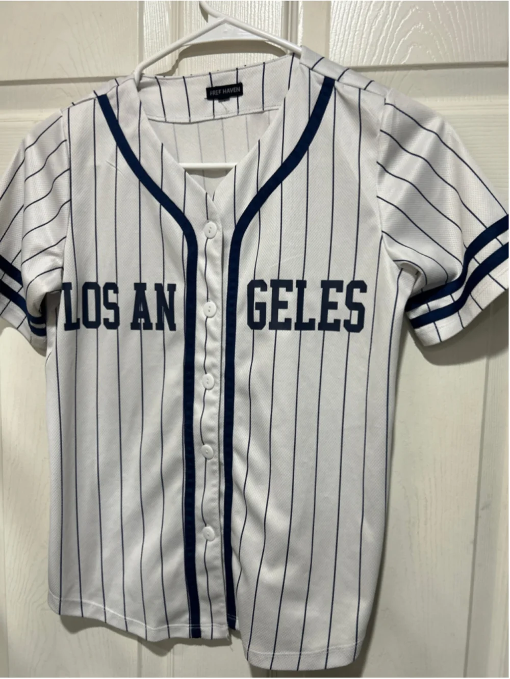 Boys Free Haven Los Angeles Baseball Jersey White Navy Blue Size 16